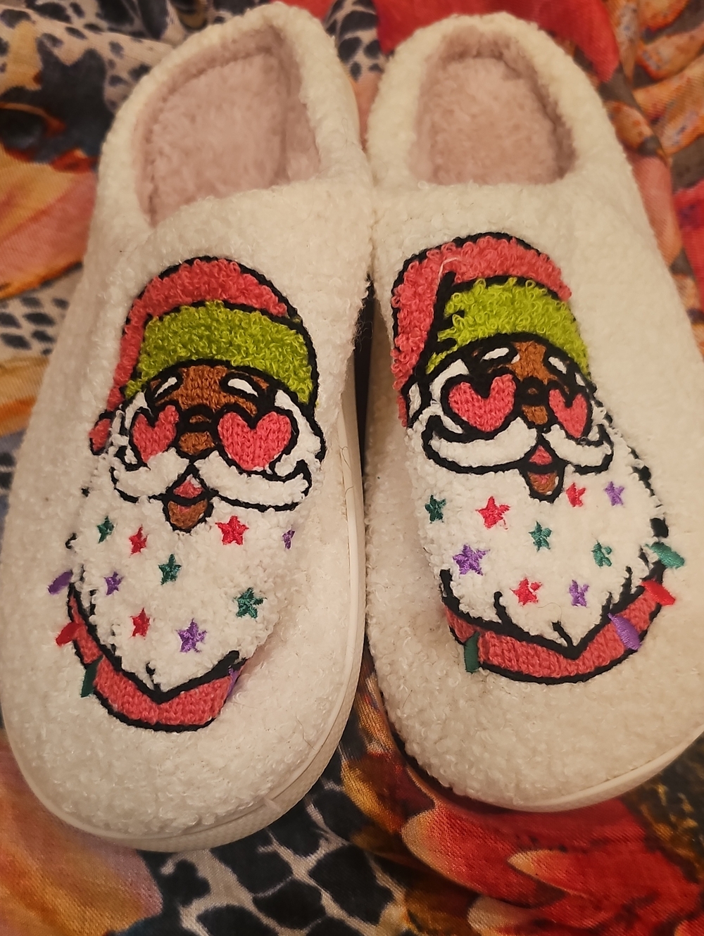 Cozy White Santa Face Slippers with Colorful Embroidered Stars